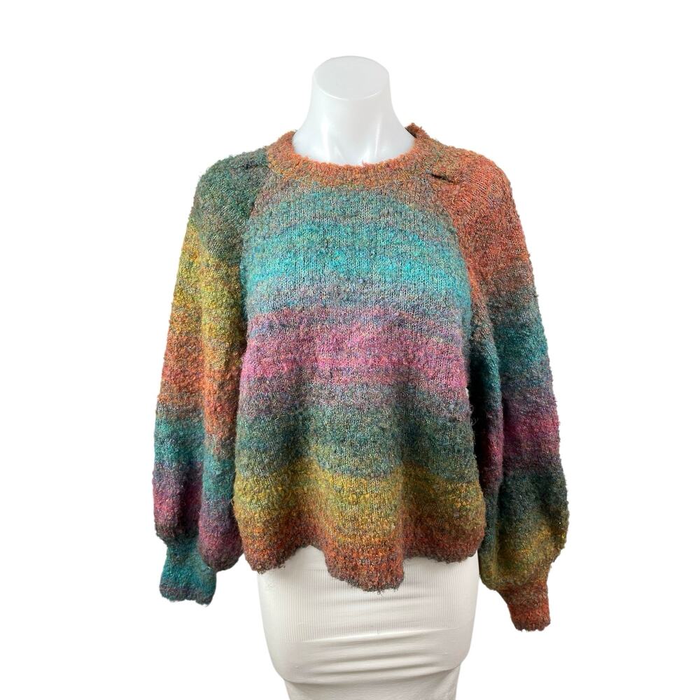 Aqua Women's Multicolor Knit Rainbow Stripe Long Sleeve Crew Sweater Top Size L